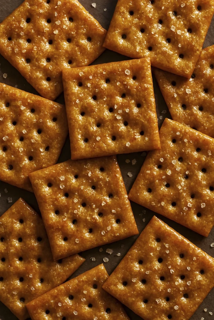 Golden-brown glazed crackers arranged in a grid with coarse sea salt on dark background