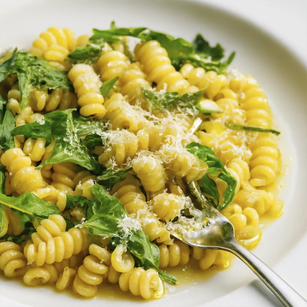 Fusilli pasta with arugula, olive oil, and parmesan on a clean plate.