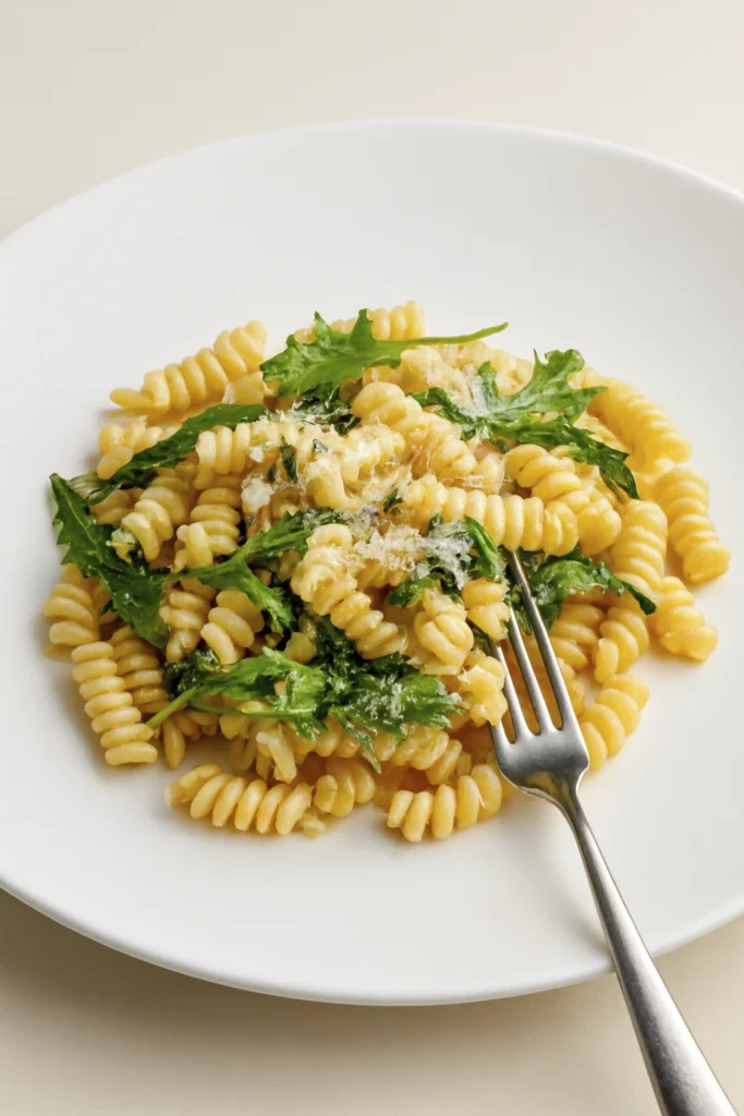 Vegetarian fusilli pasta with leafy greens and parmesan cheese.