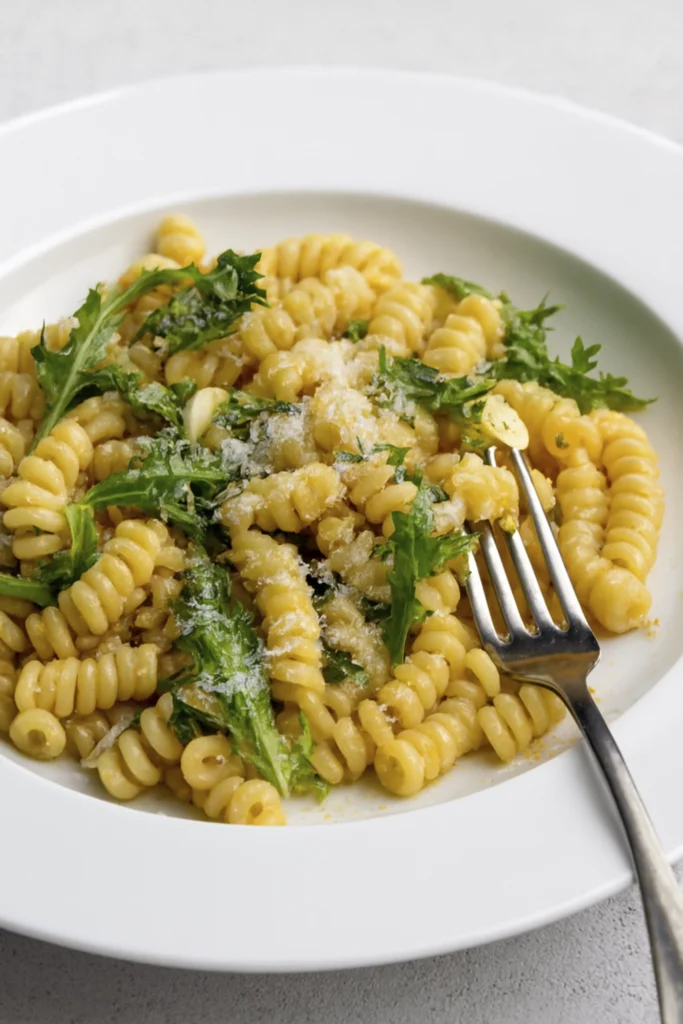 Quick fusilli pasta with arugula and parmesan, served with a fork.