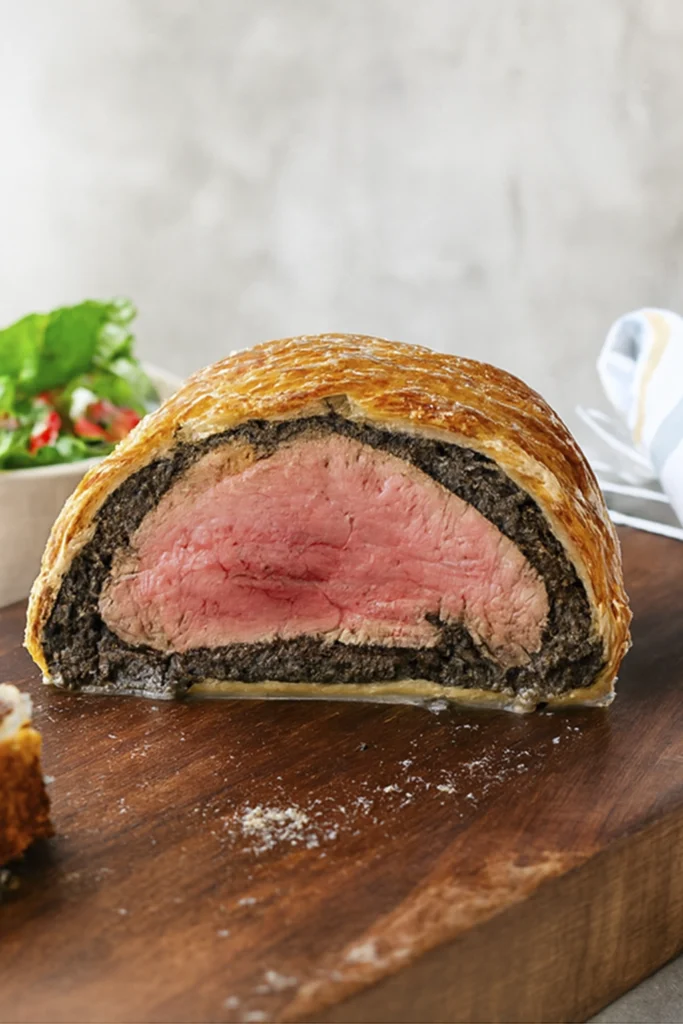 Beef Wellington slice on rustic cutting board with salad and striped napkin