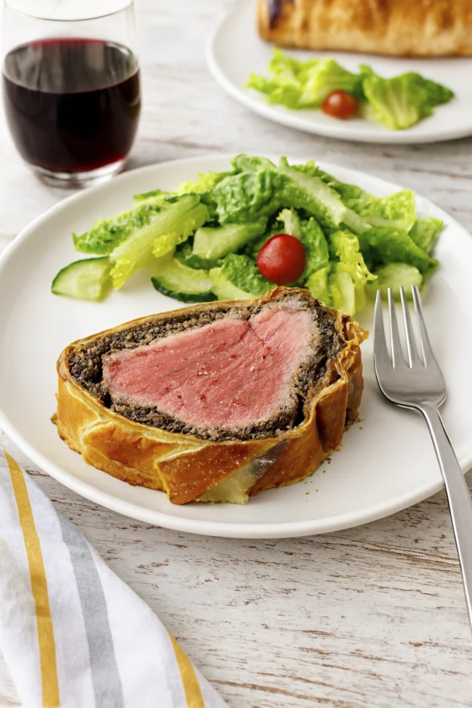 Gourmet Beef Wellington cross-section showing pink beef center and mushroom layer