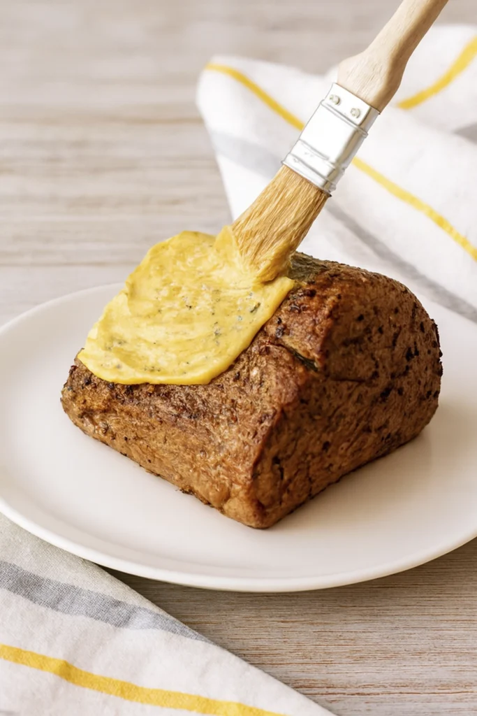 Sliced Beef Wellington with medium-rare center and golden pastry on rustic cutting board.