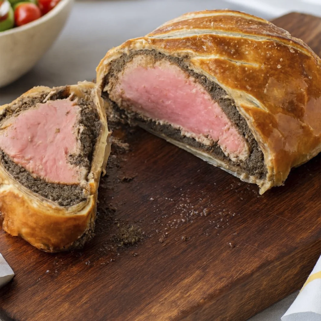 Sliced Beef Wellington with pink beef center, mushroom duxelles, and golden puff pastry crust on wooden board with salad