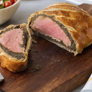 Sliced Beef Wellington with pink beef center, mushroom duxelles, and golden puff pastry crust on wooden board with salad