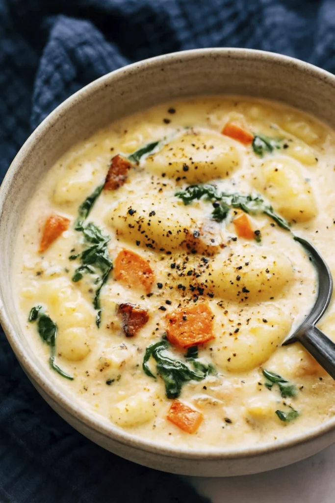 Ultra-creamy gnocchi soup with spinach, carrots, and bacon in a thick textured broth.