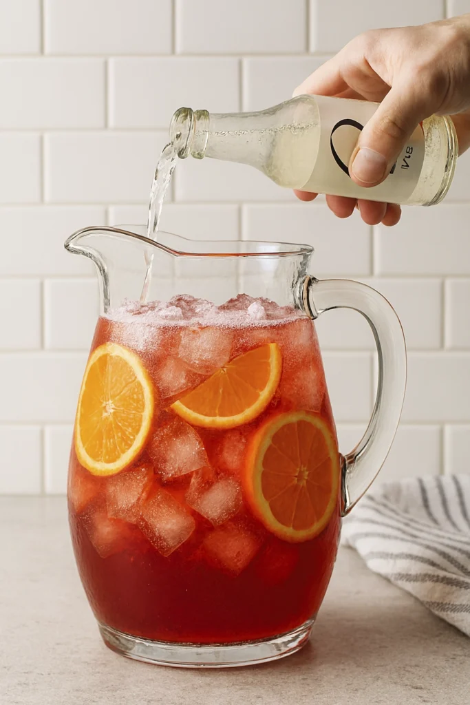 Hand pouring sparkling mixer labeled “Q” into a glass pitcher of red fruit punch with ice cubes and orange slices on a white tiled background — Best Party Punch preparation.