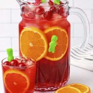 Red fruit punch with orange slices, cherries, and gummy bears in a glass and pitcher.
