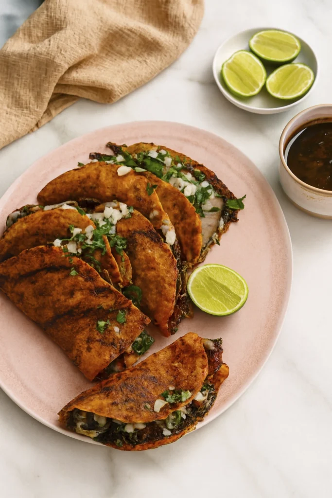 Birria Tacos on pink ceramic plate with crispy reddish tortillas, shredded beef, melted cheese, onions, cilantro, consommé, and lime wedges.