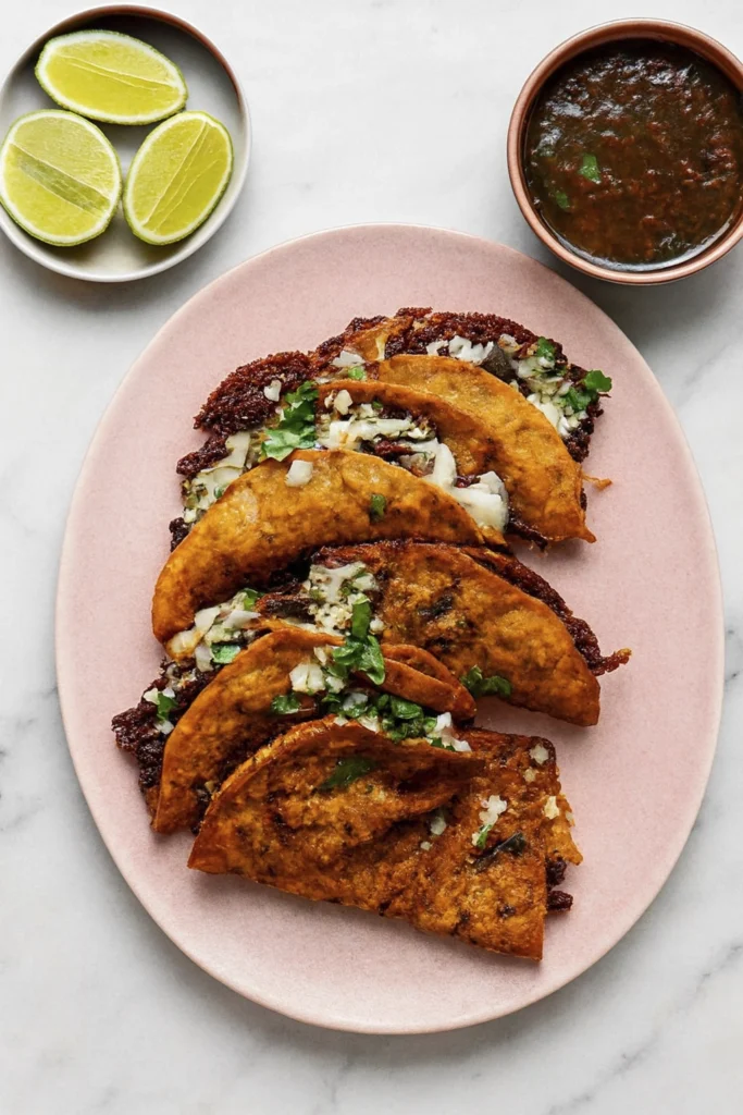 Crispy Birria Tacos filled with shredded beef, onions, and cilantro on pink plate, consommé bowl, lime wedges, beige cloth nearby.