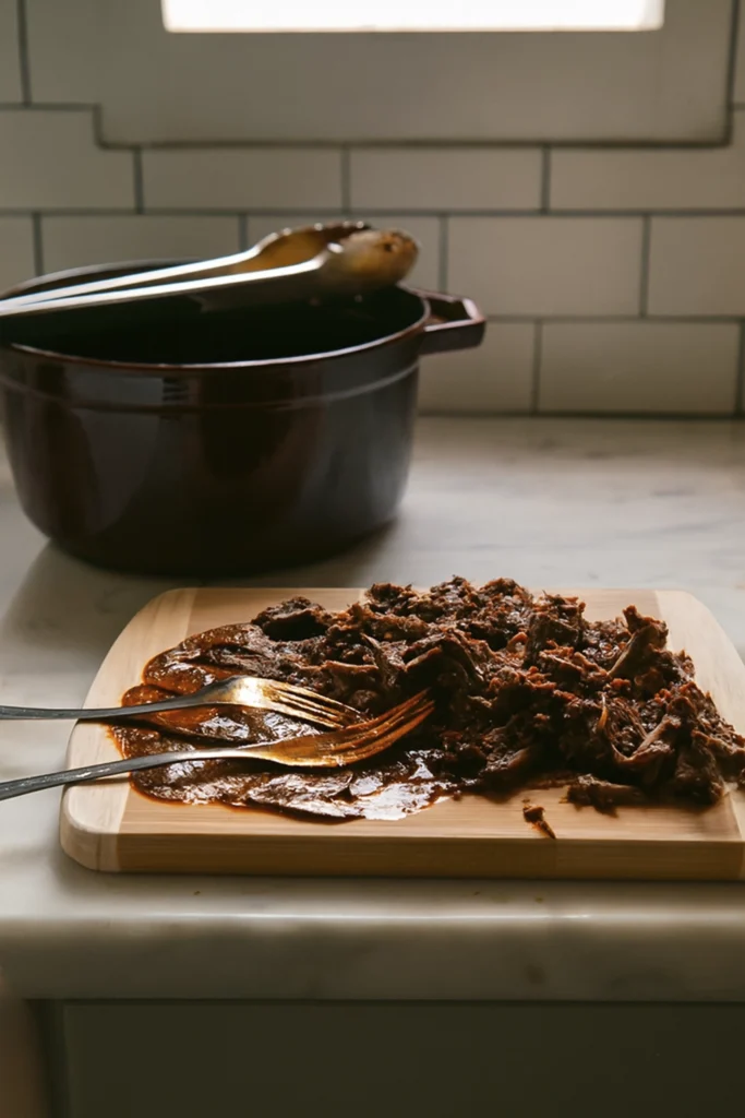 Shredded beef birria on wooden cutting board with dark sauce, three forks, Dutch oven in background, rustic kitchen prep.