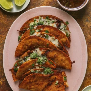 Birria Tacos served on a pink ceramic plate with crispy reddish tortillas, shredded beef, onions, cilantro, consommé, and lime wedges.