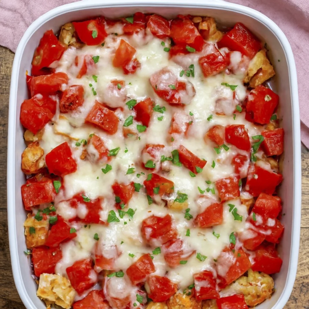 Close-up of a spoon lifting cheesy baked chicken casserole with red peppers and herbs.