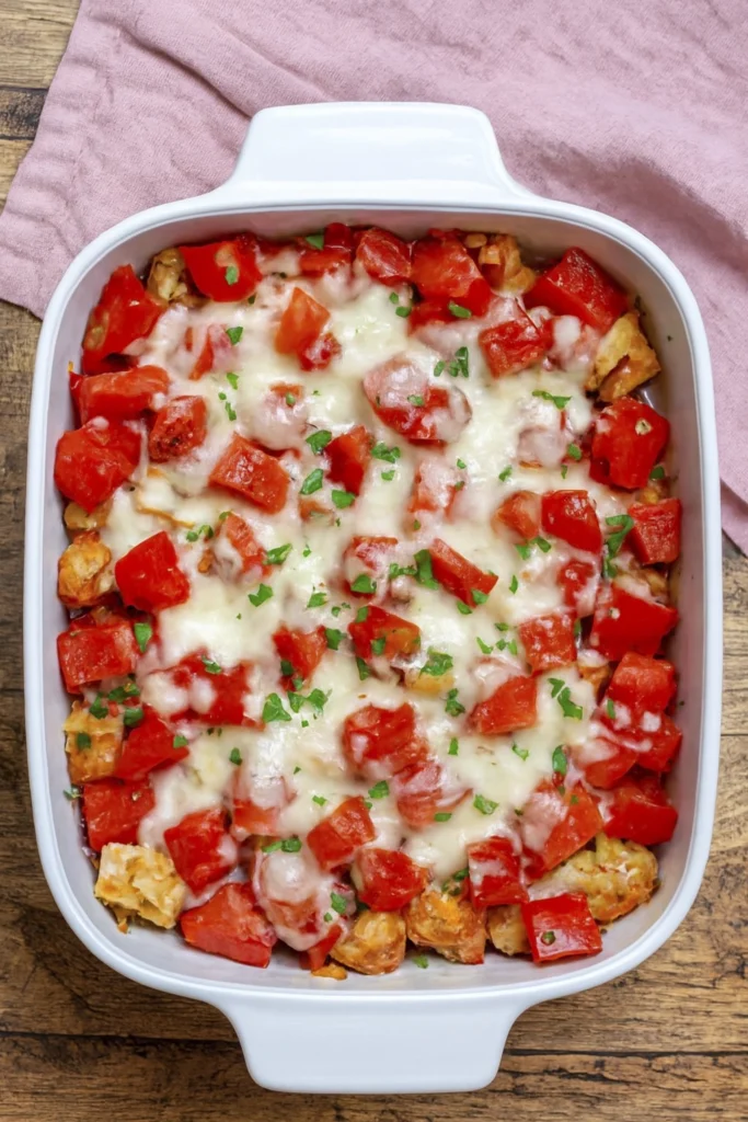 Close-up of a spoon lifting cheesy baked chicken casserole with red peppers and herbs.