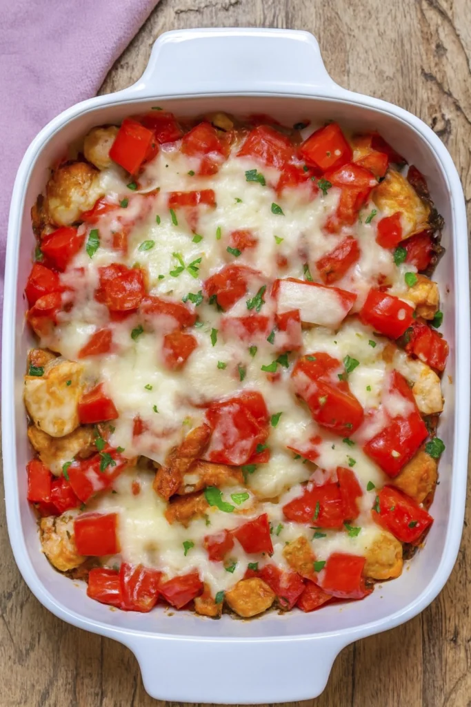 Quick chicken casserole with red peppers, cheese, and parsley in a white baking dish.