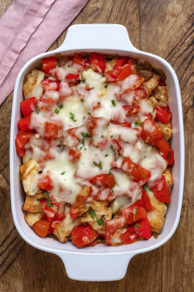 Baked chicken casserole with red bell peppers and melted cheese in a white ceramic dish.