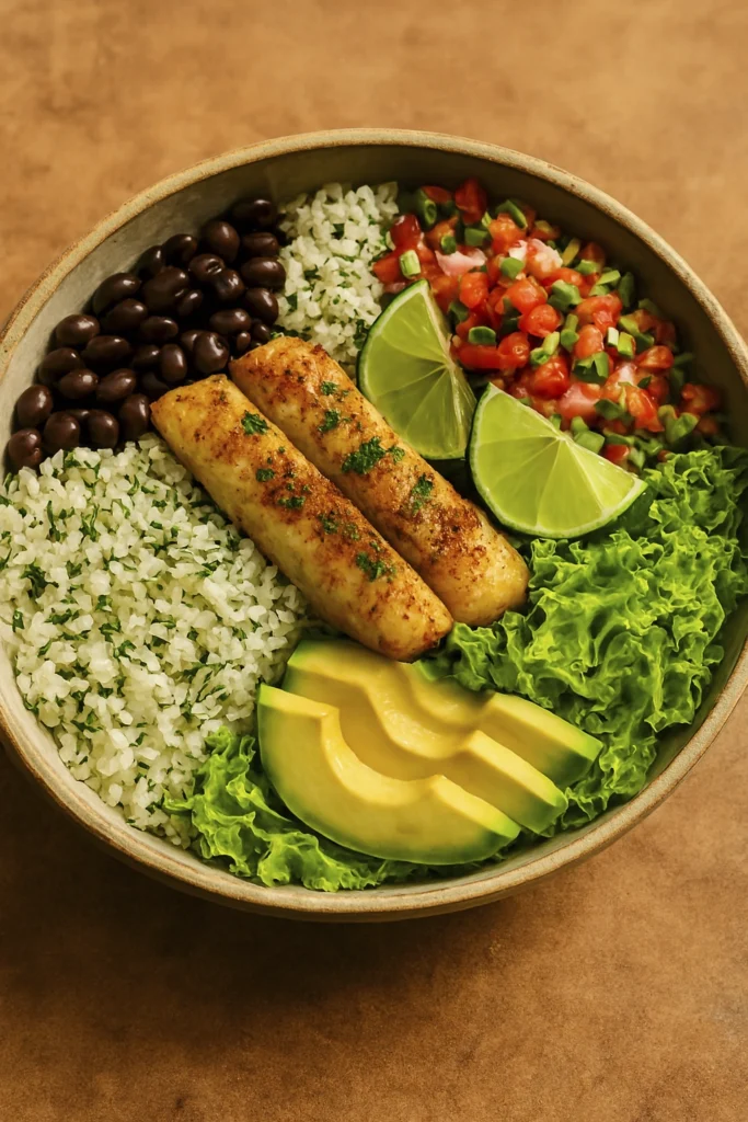 Diagonal view of fish burrito bowl with grilled fish, avocado, rice, beans, pico de gallo, lettuce, and lime wedges