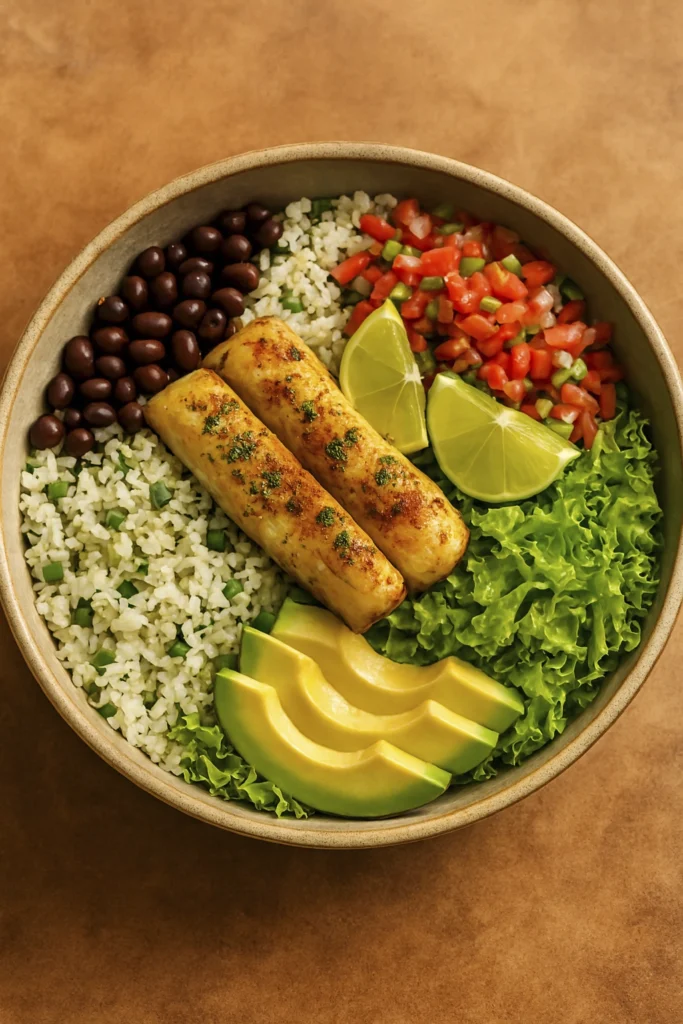 Overhead view of fish burrito bowl with grilled fillets, avocado, rice, beans, pico de gallo, lettuce, and lime