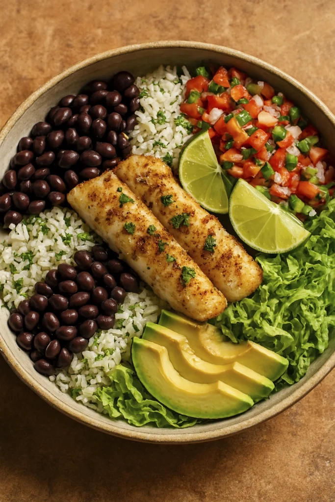 Angled view of fish burrito bowl with grilled fish, avocado, rice, beans, pico de gallo, lettuce, and lime wedges