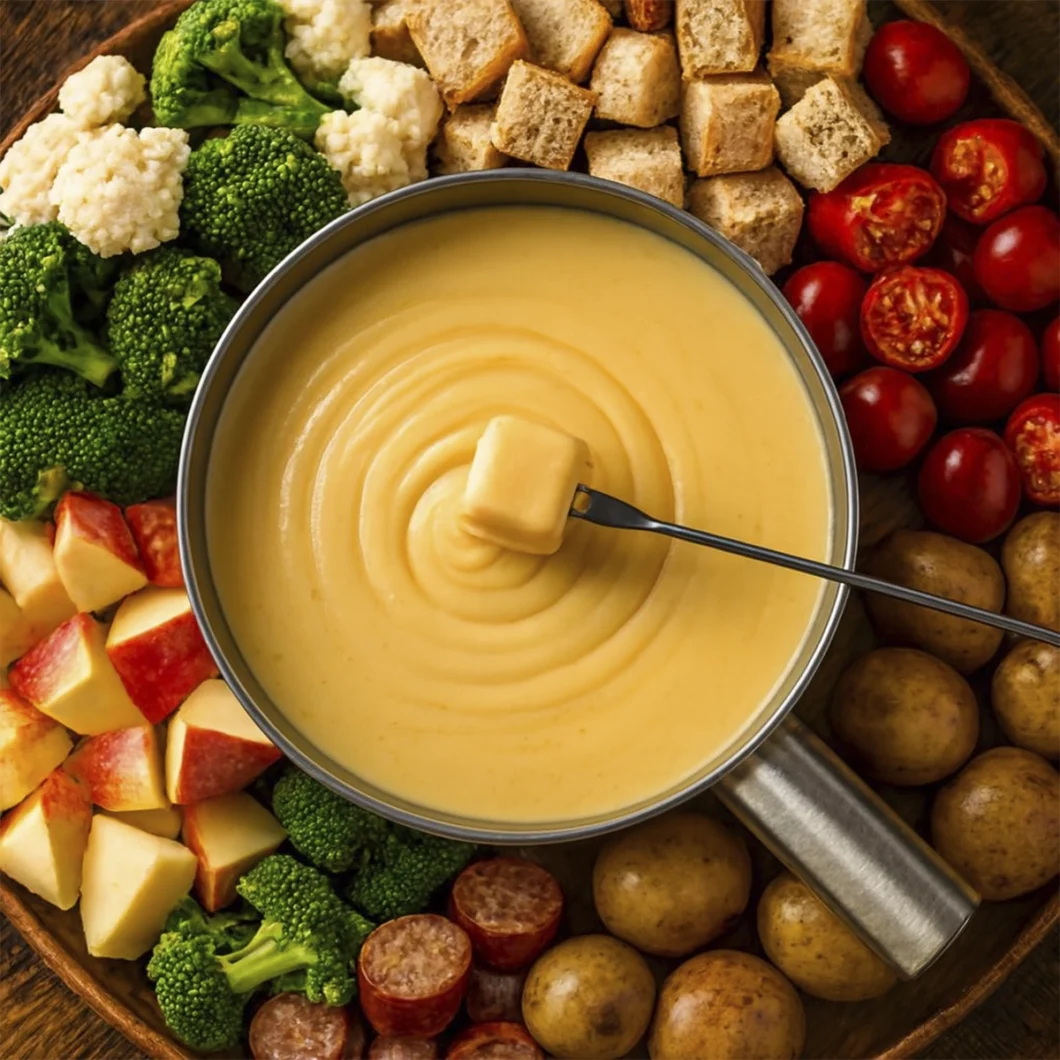 Top-down view of cheese fondue pot with bread cube dipped in melted cheese, surrounded by vibrant dippables on rustic wood