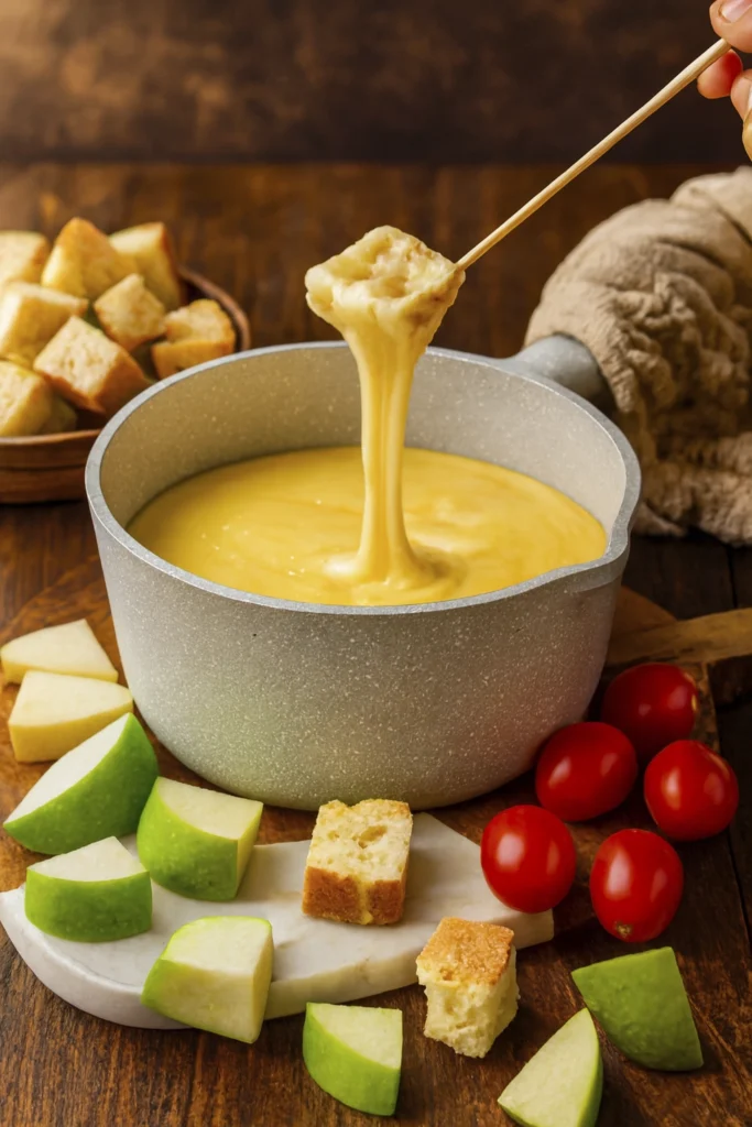 Classic cheese fondue with creamy melted cheese, fondue fork dipping bread, surrounded by sausage, potatoes, apples, and vegetables