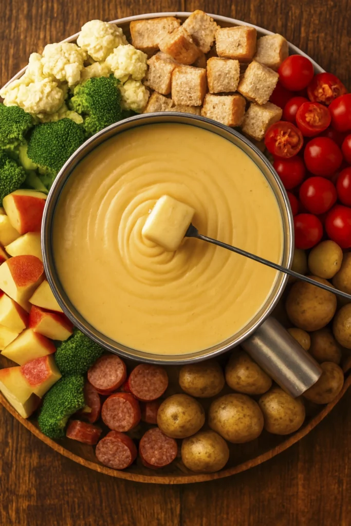 Elegant cheese fondue setup with melted cheese, bread cubes, green apples, tomatoes, and rustic cloth on wood and marble