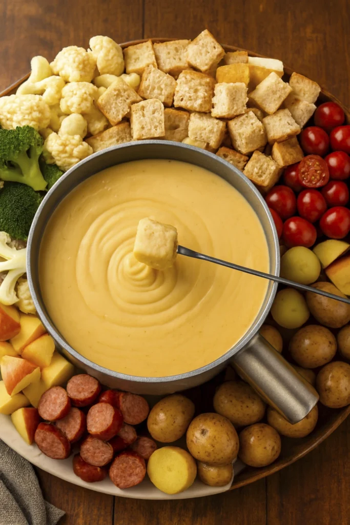 Easy cheese fondue recipe with melted Gruyère and bread cubes on rustic wooden board