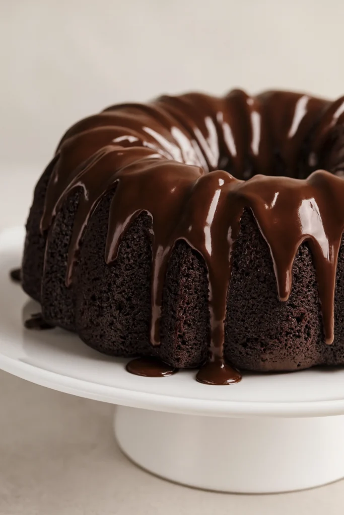 Angled view of chocolate bundt cake with glossy ganache glaze on white plate