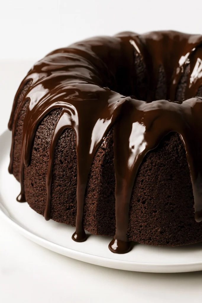 Side view of chocolate bundt cake with thick ganache glaze dripping over ridges