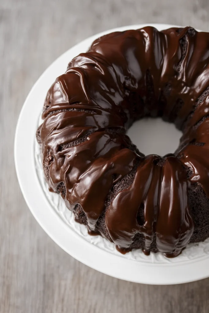 Rich chocolate bundt cake with glossy ganache glaze dripping over ridged surface on white plate