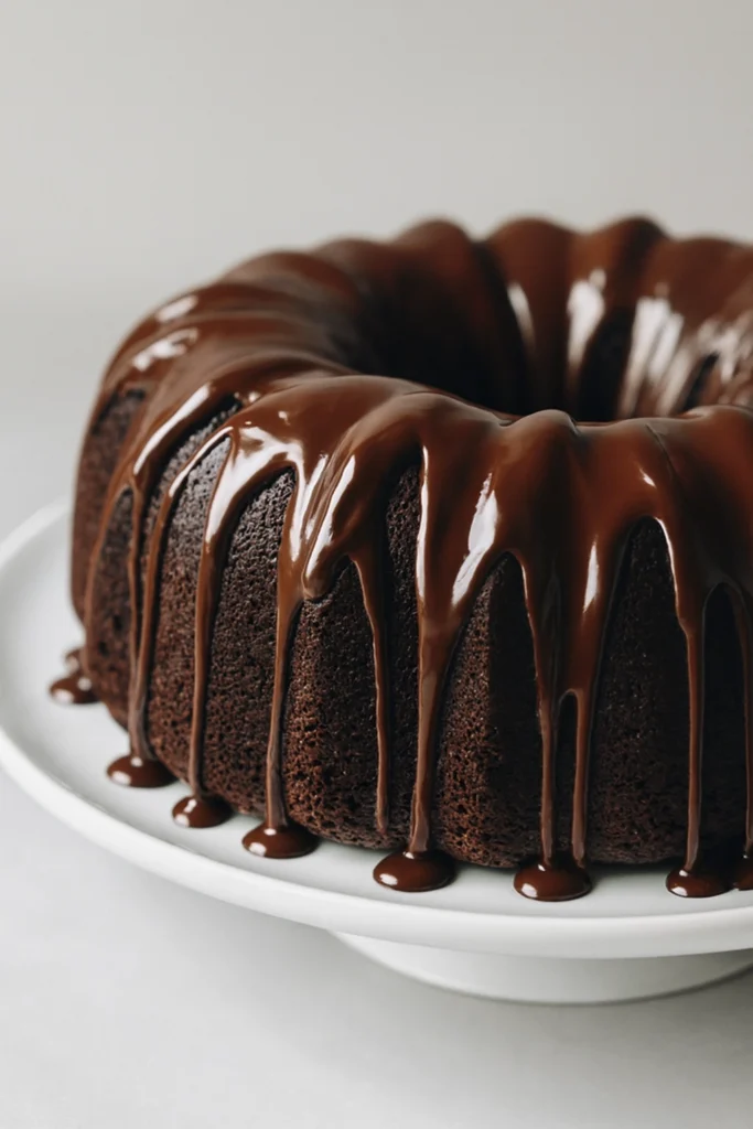Top-down view of chocolate bundt cake with ganache glaze on minimalist white plate