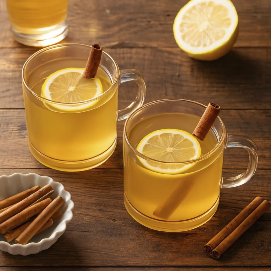 Two glass mugs of hot toddy with lemon and cinnamon on rustic wood with cozy lighting