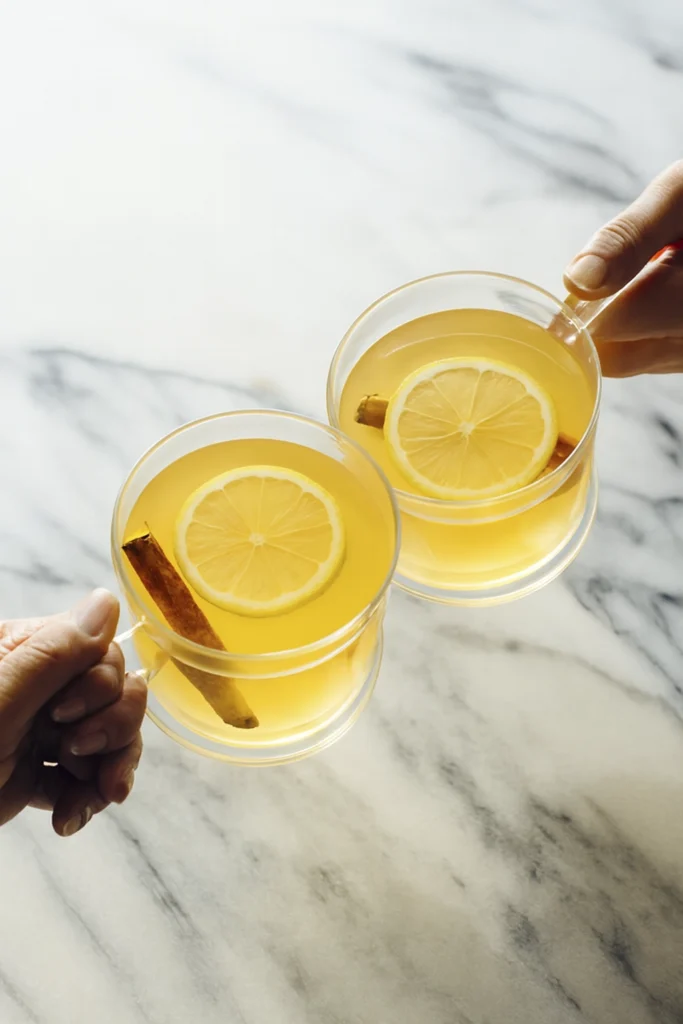 Two hands holding glass mugs of lemon cinnamon tea over a marble surface
