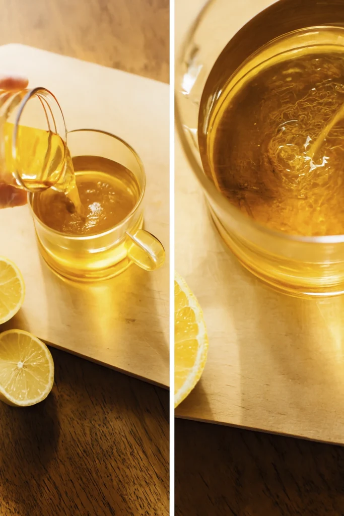 Split-frame image of honey being poured into a glass mug with lemons and water on a rustic surface
