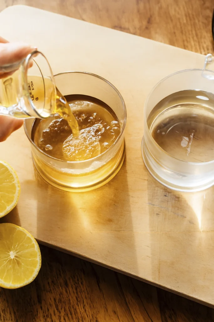 Hand pouring golden tea into a glass beside lemon halves on a wooden surface