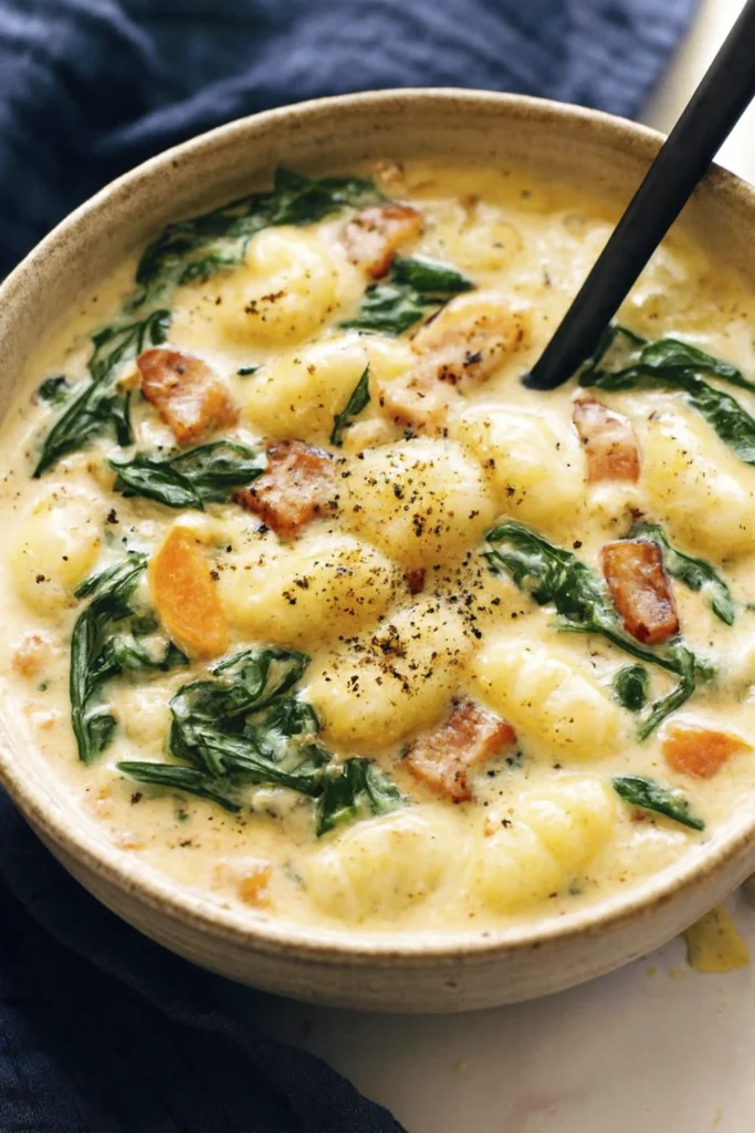Wholesome creamy gnocchi soup with spinach, carrots, and lean ham in a light broth.