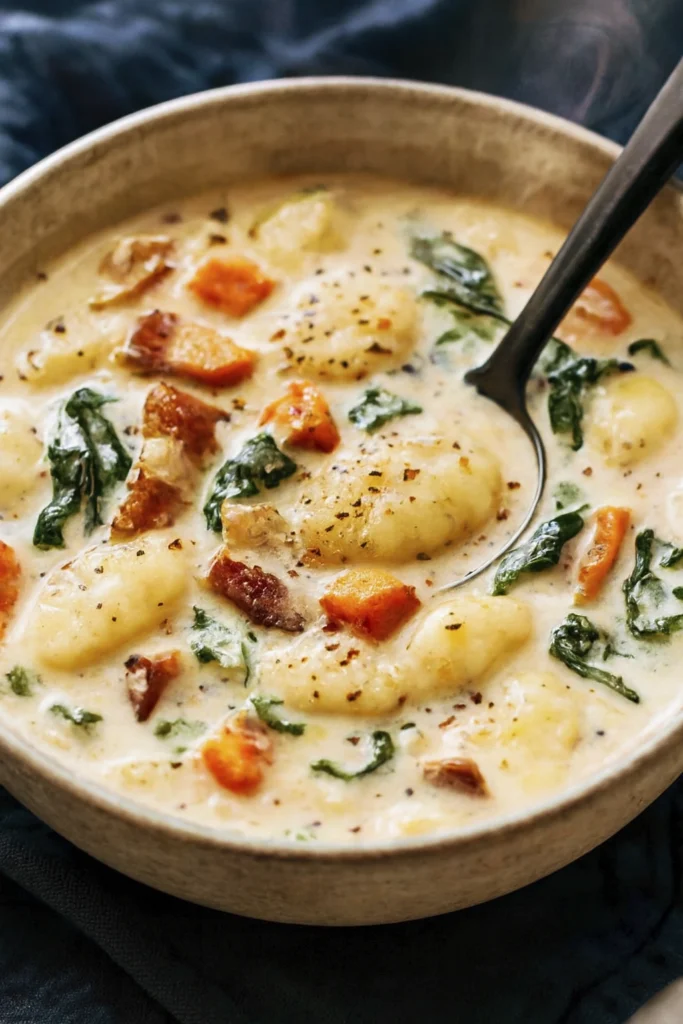 Rustic creamy gnocchi soup with pancetta, spinach, and carrots in a ceramic bowl.