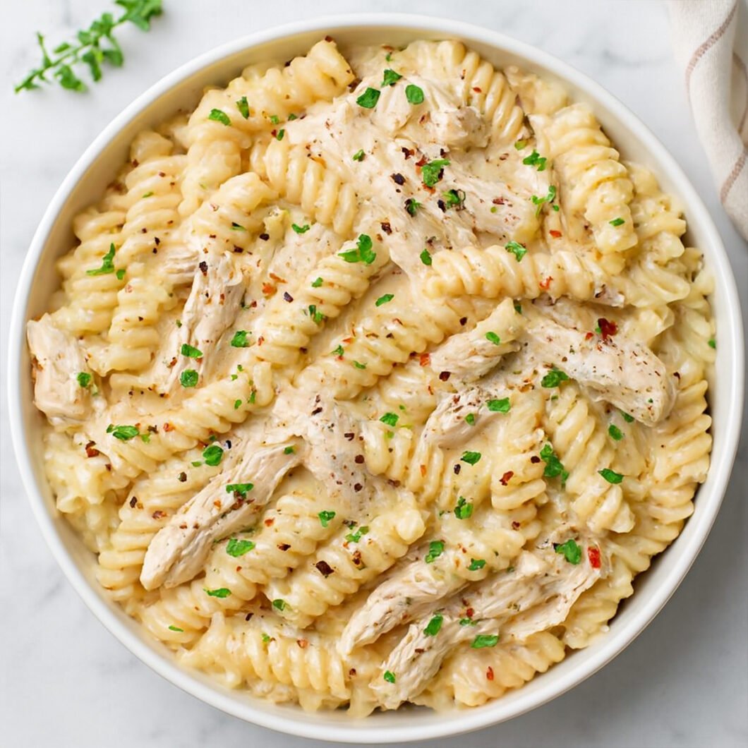 Creamy rotini pasta with shredded chicken in Parmesan sauce, garnished with herbs and pepper flakes.