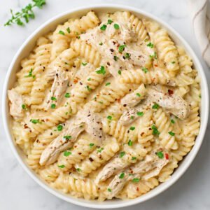 Creamy rotini pasta with shredded chicken in Parmesan sauce, garnished with herbs and pepper flakes.
