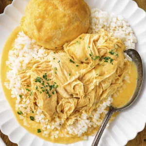 Southern-style creamy shredded chicken in yellow sauce over rice, garnished with parsley, biscuit and iced tea.