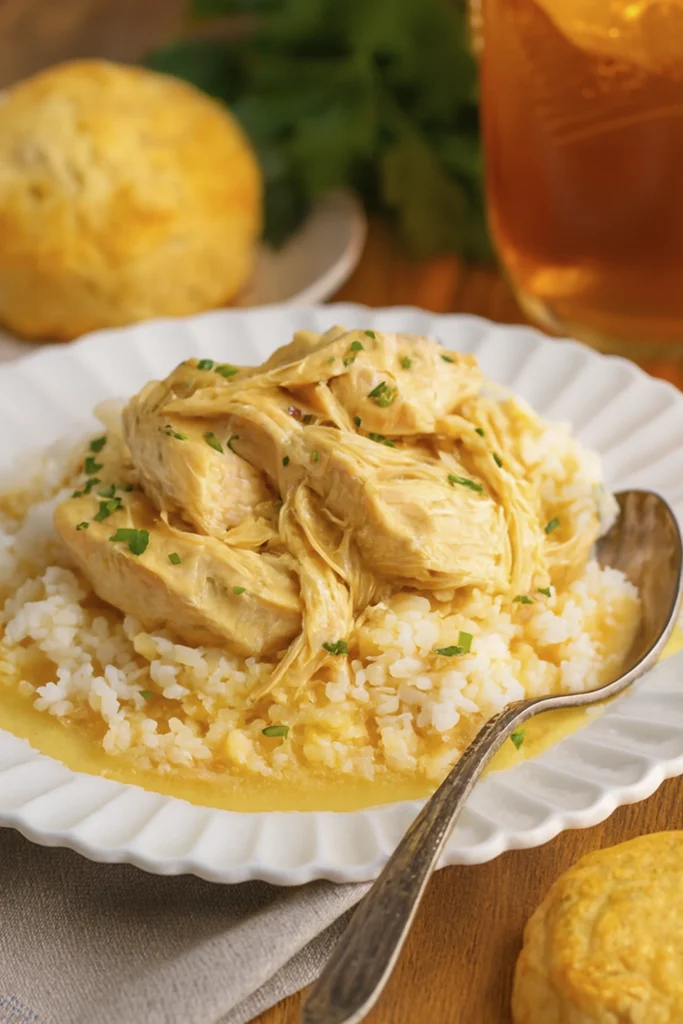 Side view of creamy shredded chicken in yellow sauce over rice with biscuit and iced tea.