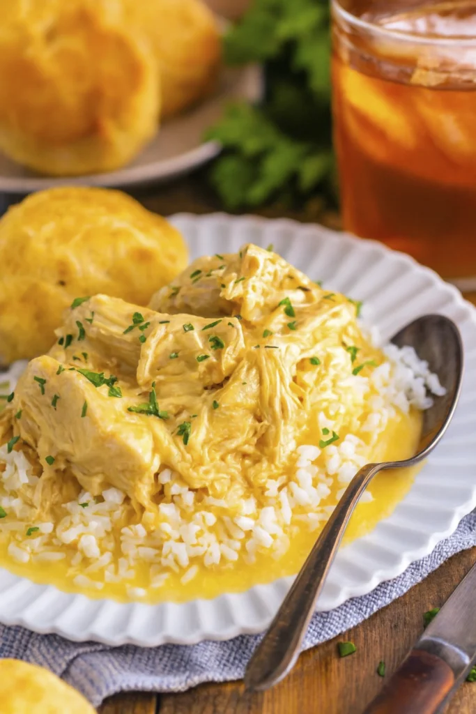 Creamy shredded chicken in yellow sauce over rice with parsley, biscuit, and iced tea at 45-degree angle.