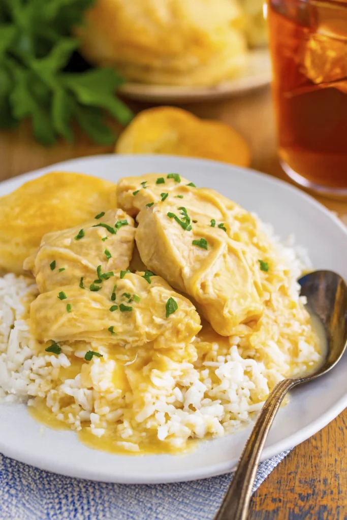 Close-up of creamy shredded chicken in yellow sauce over rice with parsley garnish.