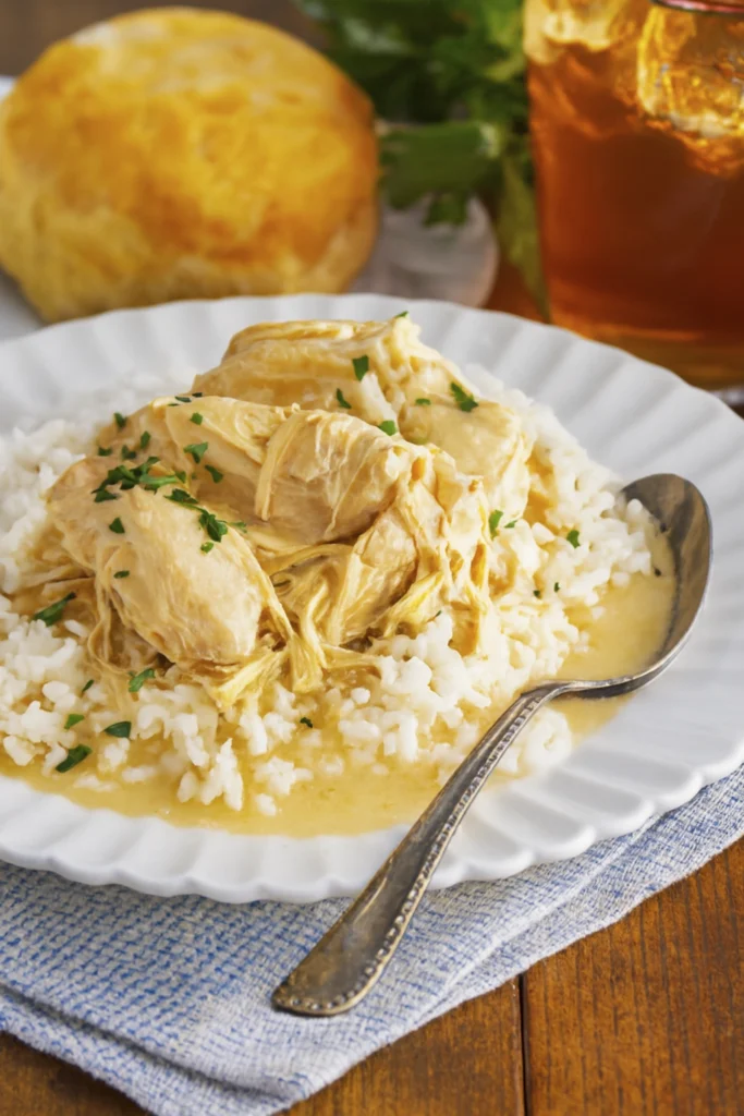 Creamy shredded chicken over fluffy white rice with fresh parsley and a golden biscuit on a white scalloped plate