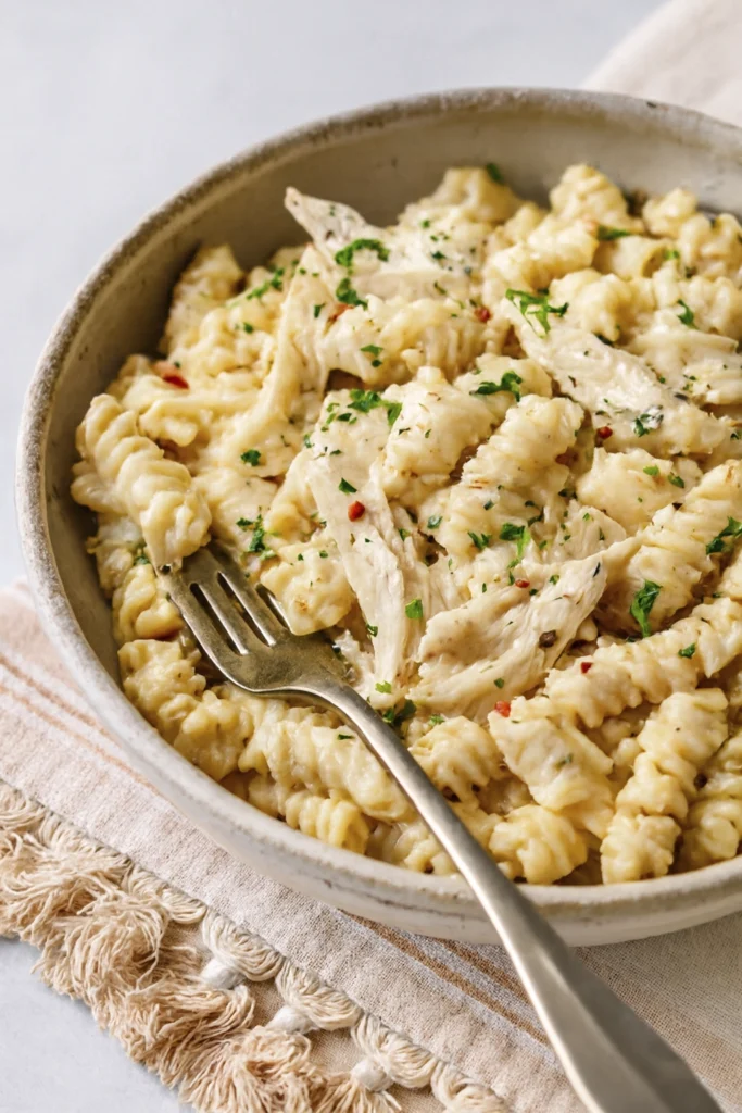 Angled top-left view of creamy rotini pasta with chicken, parmesan sauce, and herb garnish.