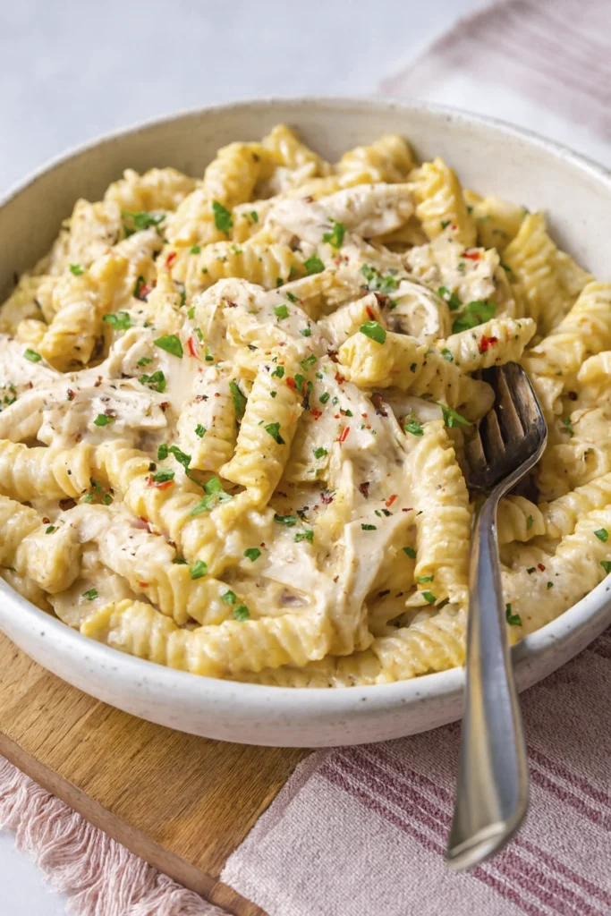 Creamy rotini pasta with shredded chicken and herbs, fork diagonally placed in rustic bowl.