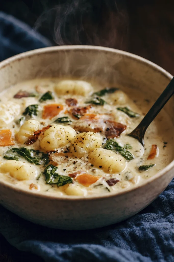 Creamy gnocchi soup with spinach, carrots, and bacon in a rustic bowl on a dark cloth.