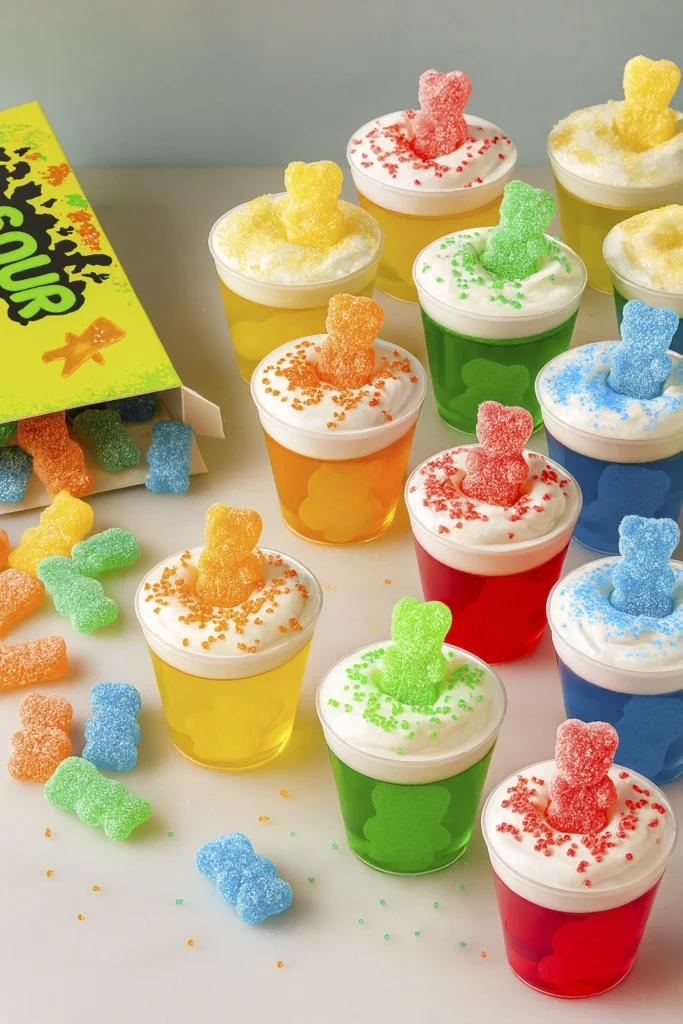 Circular display of Sour Patch Shots with whipped cream and sour gummy bears on pastel tablecloth