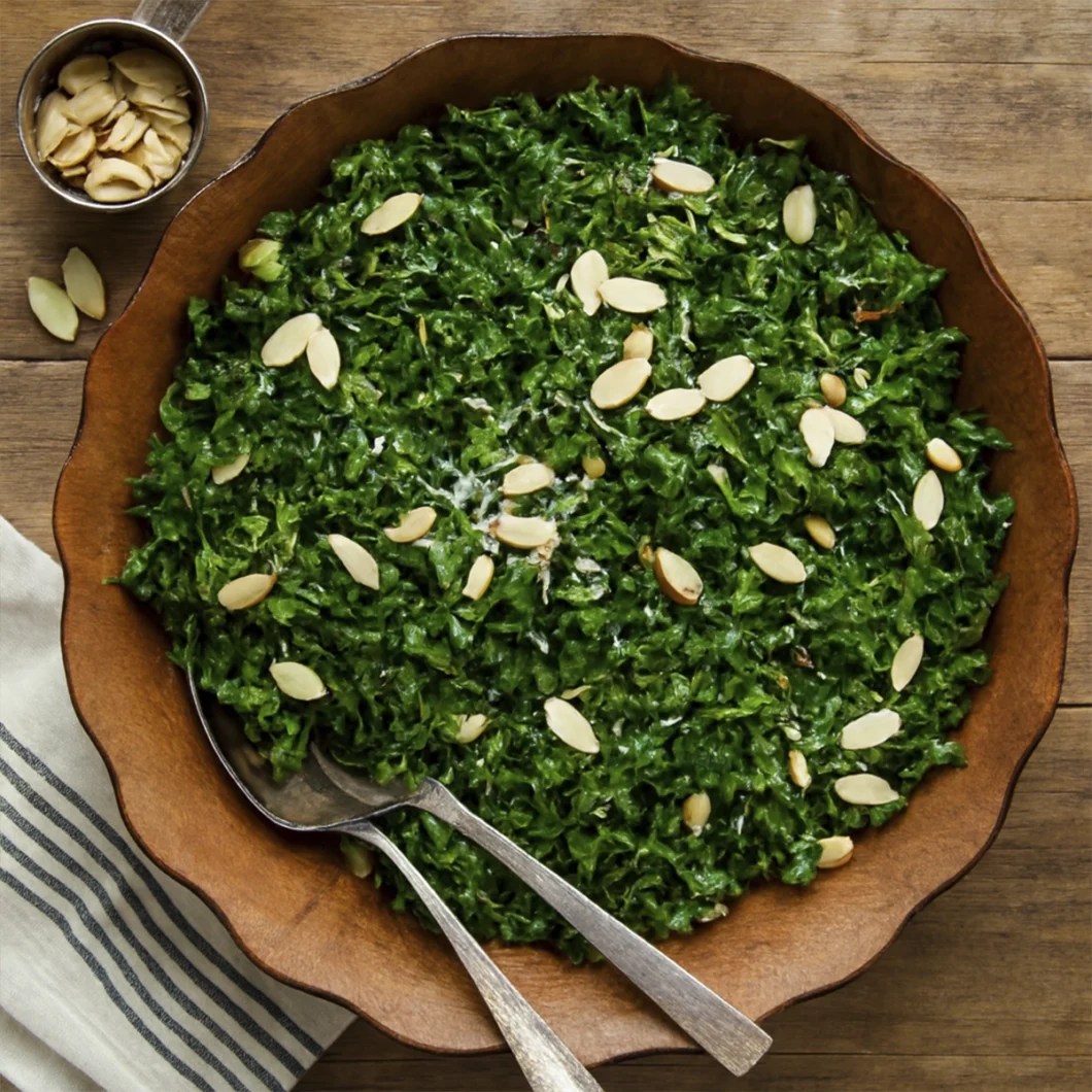 Fresh kale salad with almonds and parmesan in a wooden bowl, styled for healthy eating inspiration.