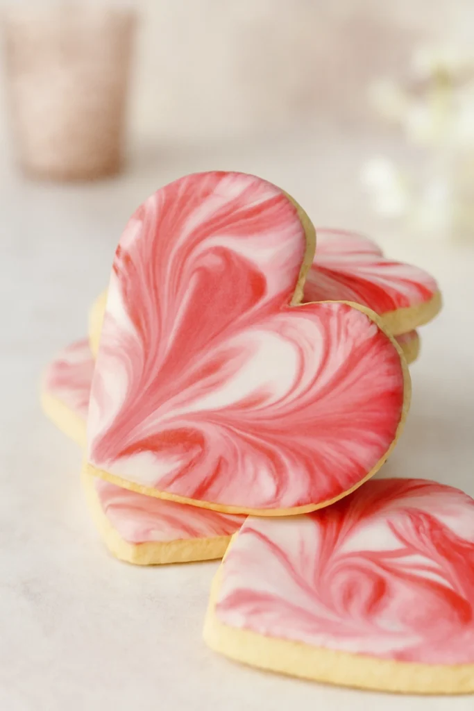 Heart-shaped sugar cookies with pink and white marbled icing on pastel tray, hand swirling icing with toothpick
